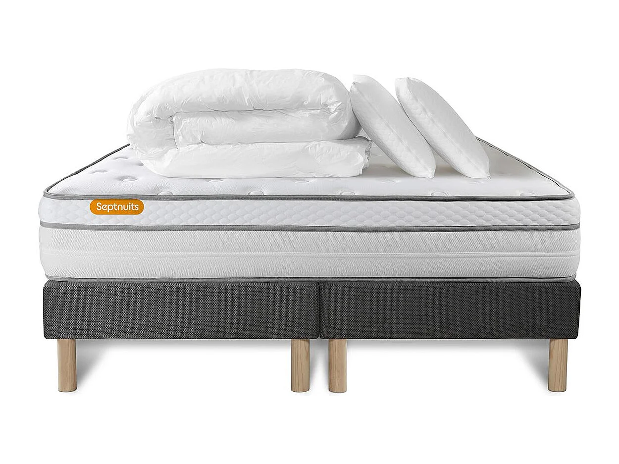 Pack matelas 160x200 + double sommiers gris 80x200 Memo Luxe Ressorts ensachés + mémoire de forme 5 zones de confort