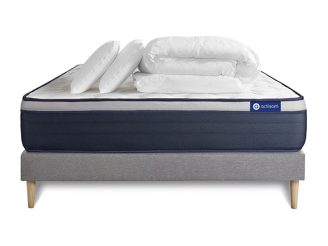 Pack prêt à dormir matelas Mémoire de forme ACTIMEMO MAX 160x200 cm Maxi épaisseur + sommier KIT gris + 2 oreillers +couette