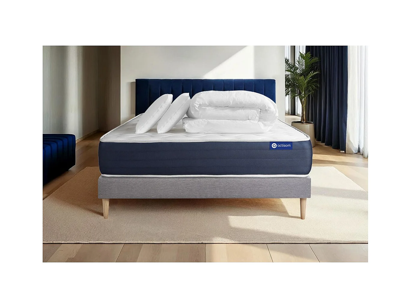 Pack prêt à dormir matelas Ressorts ensachés + Mémoire de forme ACTIFLEX SLEEP 140x190 + sommier KIT gris +2oreillers+couette