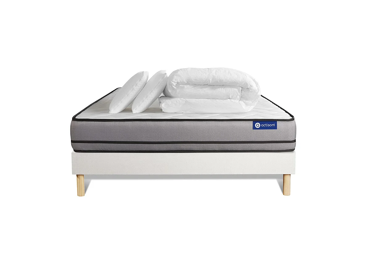 Pack prêt à dormir matelas ACTIMEMO 140x190cm à MÉMOIRE DE FORME 3zones de confort + sommier KIT blanc + 2 oreillers +couette