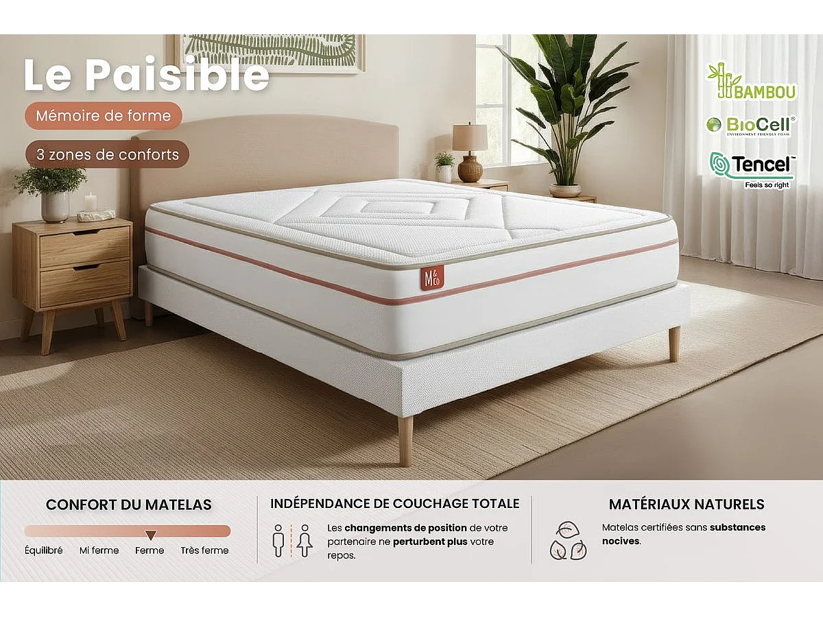 Ensemble LE PAISIBLE 90x200cm Mémoire de forme BioVisco - Ep. 24cm + sommier Beige