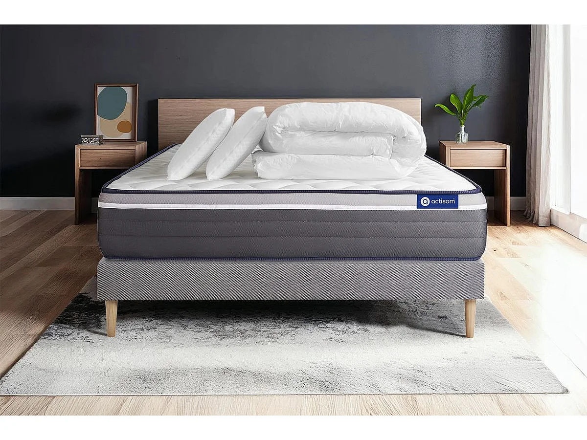 Compleet bedpakket - Matras 140x190 cm + Boxspring met lattenbodem (in kit) + 2 kussens + Dekbed - ActiMemo Plus
