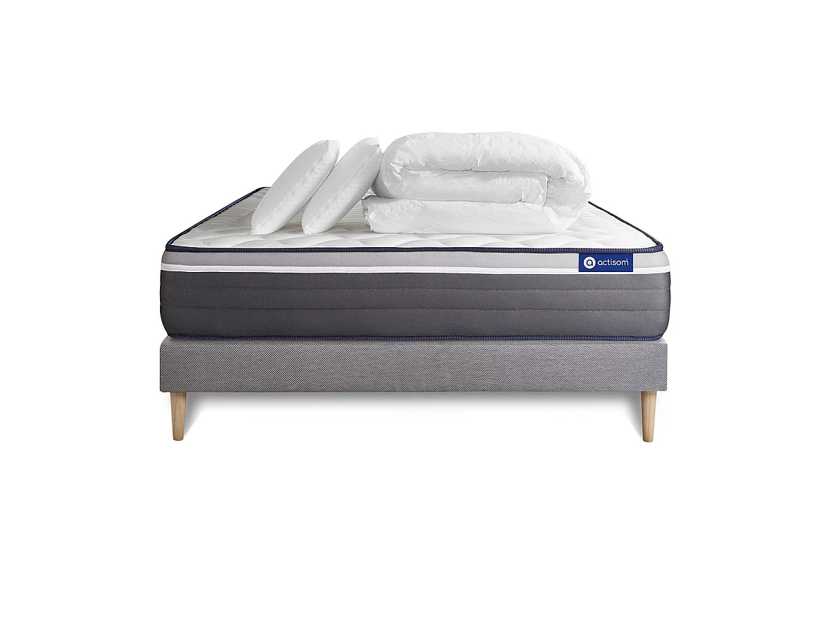 Pack prêt à dormir matelas ACTIMEMO PLUS 140x190 Mémoire de forme 7zones confort + sommier KIT gris + 2 oreillers + couette