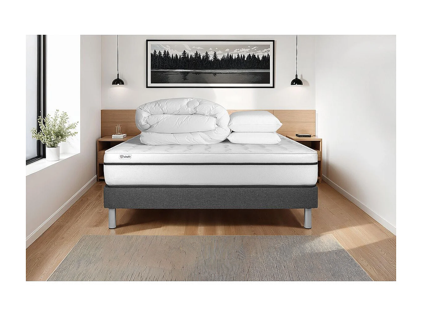 Komplettpaket Bett - Matratze 180x200 cm + Boxspring-Lattenrost (im Set) + 2 Kopfkissen + Bettdecke - Vital Spa