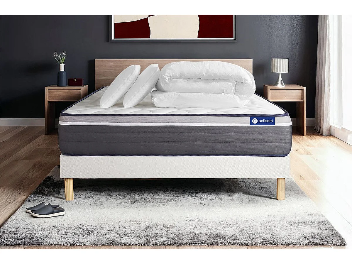 Pacchetto letto completo - Materasso 140x190cm + Box spring con doghe (in kit) + 2 cuscini + Piumino - Actilatex Plus