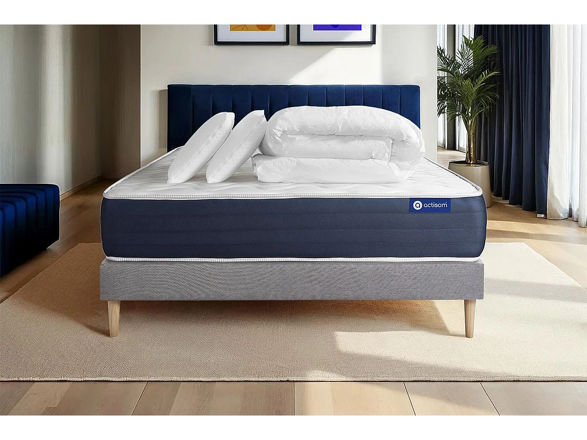 Komplettpaket Bett - Matratze 180x200 cm + Boxspringbett mit Lattenrost (im Set) + 2 Kopfkissen + Bettdecke - Actimemo Sleep