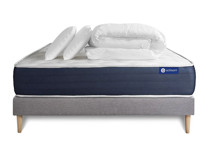 Pack prêt à dormir matelas Latex et Mémoire de forme ACTILATEX SLEEP 200x200 cm + sommier KIT gris + 2 oreillers + couette