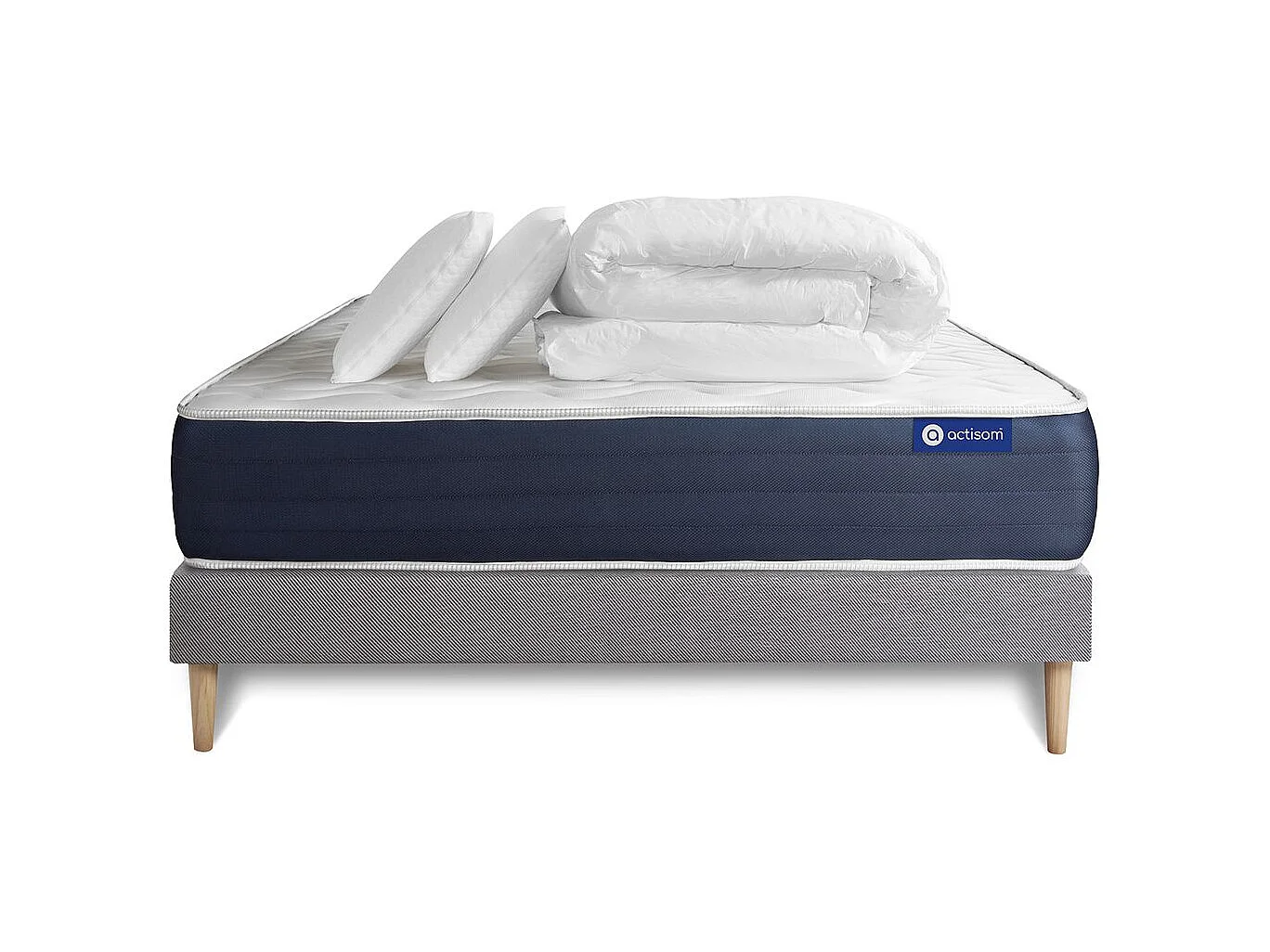 Pack prêt à dormir matelas Latex et Mémoire de forme ACTILATEX SLEEP 200x200 cm + sommier KIT gris + 2 oreillers + couette