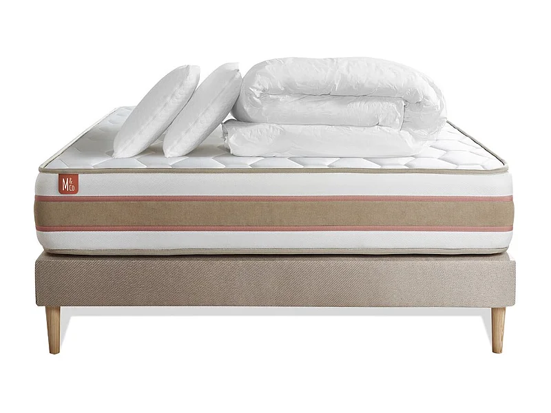 Pack prêt à dormir matelas LE DÉLICAT 160x200cm Ressorts ensachés + Mémoire de forme + sommier kit Beige