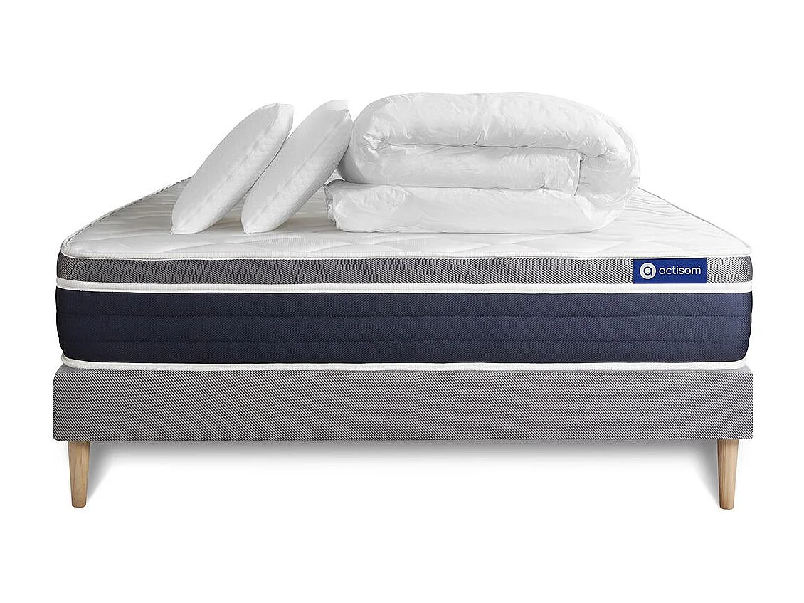 Pack prêt à dormir ACTILATEX CONFORT Matelas Latex + mémoire de forme 140x200 cm + sommier KIT gris + 2 oreillers + couette