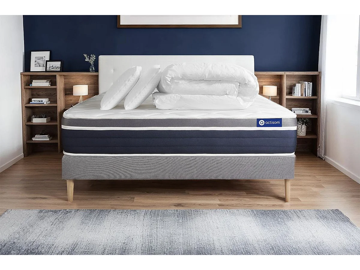 Compleet bedpakket - Matras 140x200 cm + Boxspring met lattenbodem (in kit) + 2 kussens + Dekbed - Actilatex Confort