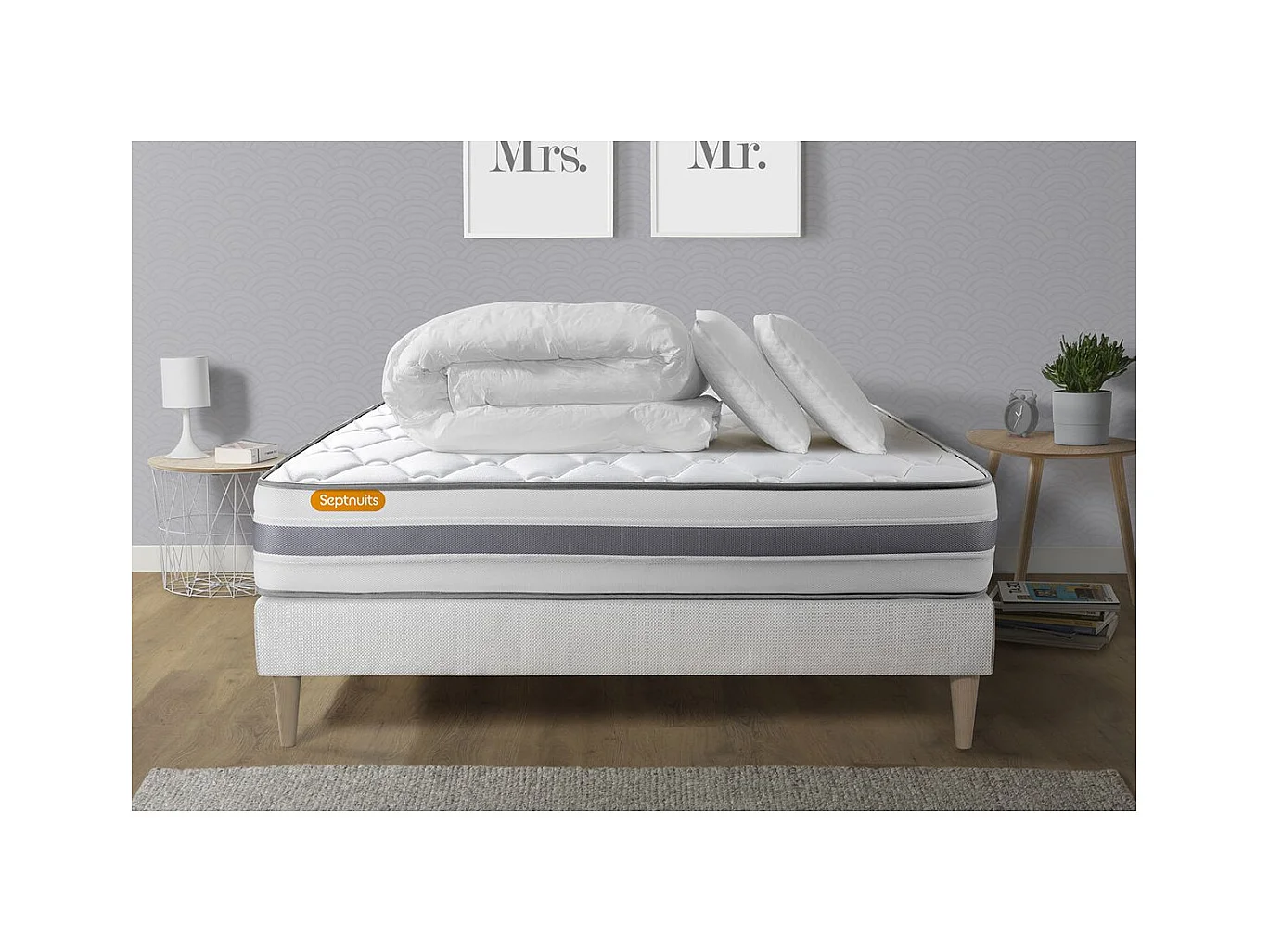 Pack matelas + sommier kit blanc 180x200 Memo Spring Ressorts ensachés MAXI épaisseur + Couette + 2 oreillers