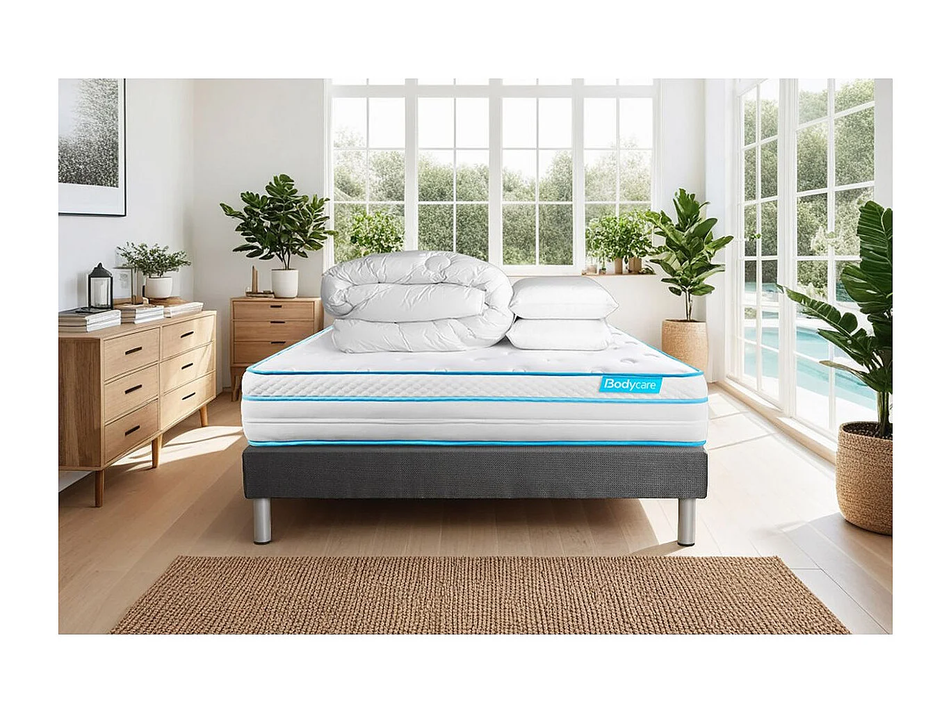 Pack BODYZONE+ 160x200 Ressorts ensachés, visco 5 zones Ultra épaisseur + Couette + 2 oreillers