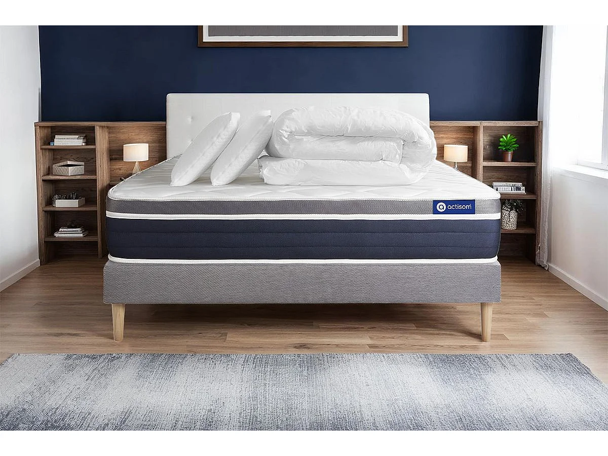 Pack prêt à dormir ACTIMEMO CONFORT Matelas mémoire de forme 200x200 Maxi épaisseur + sommier KIT gris + 2 oreillers+couette