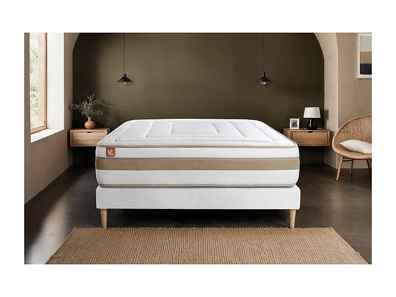 Ensemble LE RAFFINÉ 140x200cm Ressorts ensachés + Mémoire de forme BioVisco - Maxi épaisseur 26cm + sommier kit Blanc