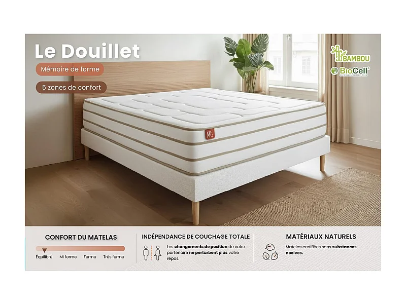 Pack prêt à dormir matelas LE DOUILLET 160x200cm Mémoire de forme BioVisco + sommier kit Beige