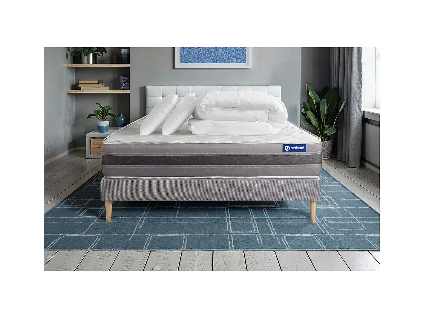Pack prêt à dormir matelas ACTIMEMO RELAX mémoire de forme 180x200 cm Maxi épaisseur + sommier KIT gris + 2oreillers+couette