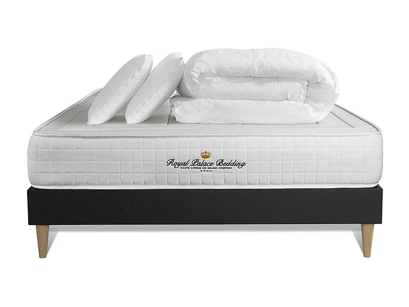 Pack matelas à mémoire de forme maxi épaisseur Balmoral 160x200cm sommier KIT noir + 2 oreillers + 1 couette 260x240cm