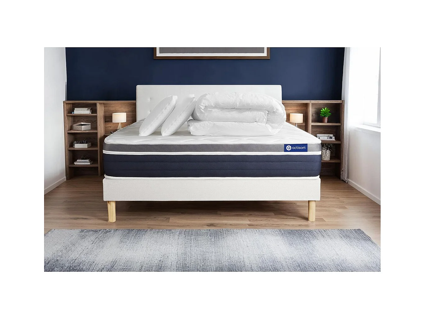 Pack prêt à dormir ACTIMEMO CONFORT Matelas mémoire de forme 180x200 Maxi épaisseur + sommier KIT blanc + 2 oreillers+couette
