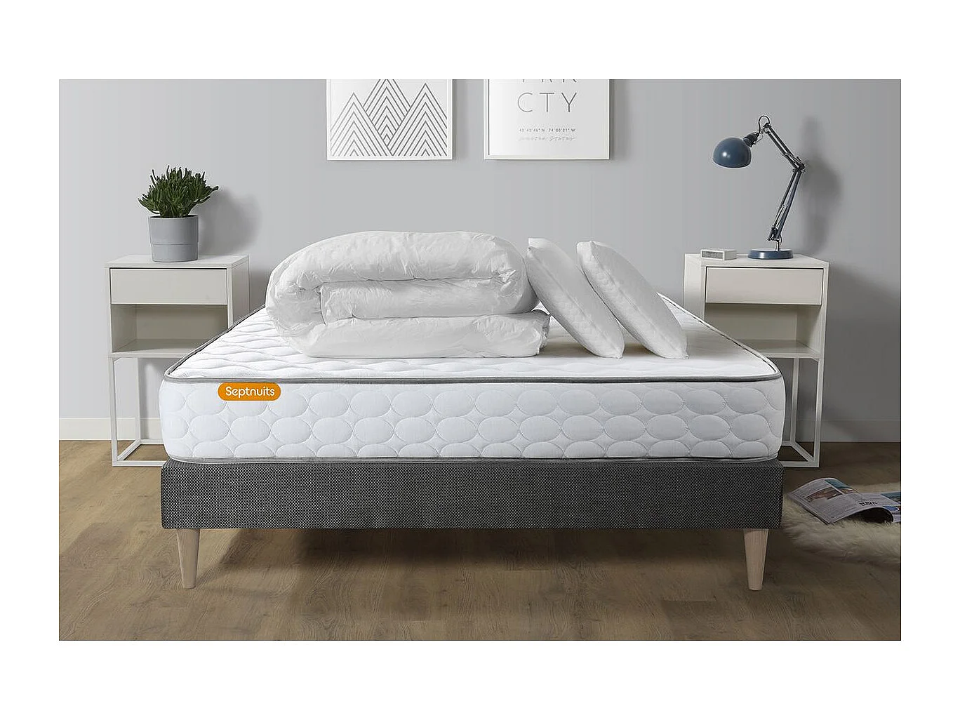 Pack matelas Memo + sommier kit gris 180x200 + 2 oreillers mémoire de forme