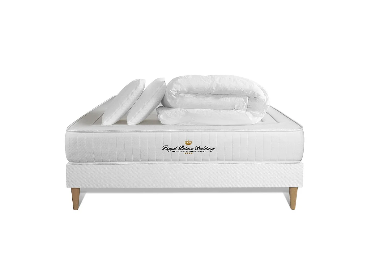 Conjunto completo de cama - Colchão 200x200 cm + estrado de molas com ripas (kit) + 2 almofadas + Edredão - Lancaster