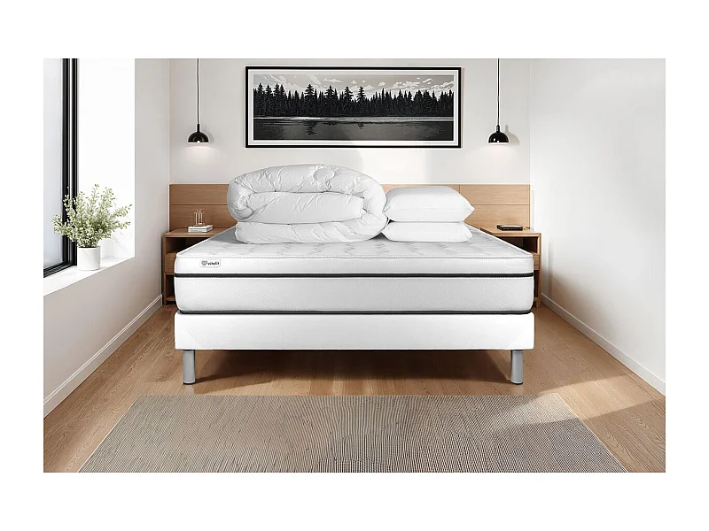 Pack cama completa - Colchón 140x200cm + Somier con láminas (kit) + 2 almohadas + Edredón - Vital Spa