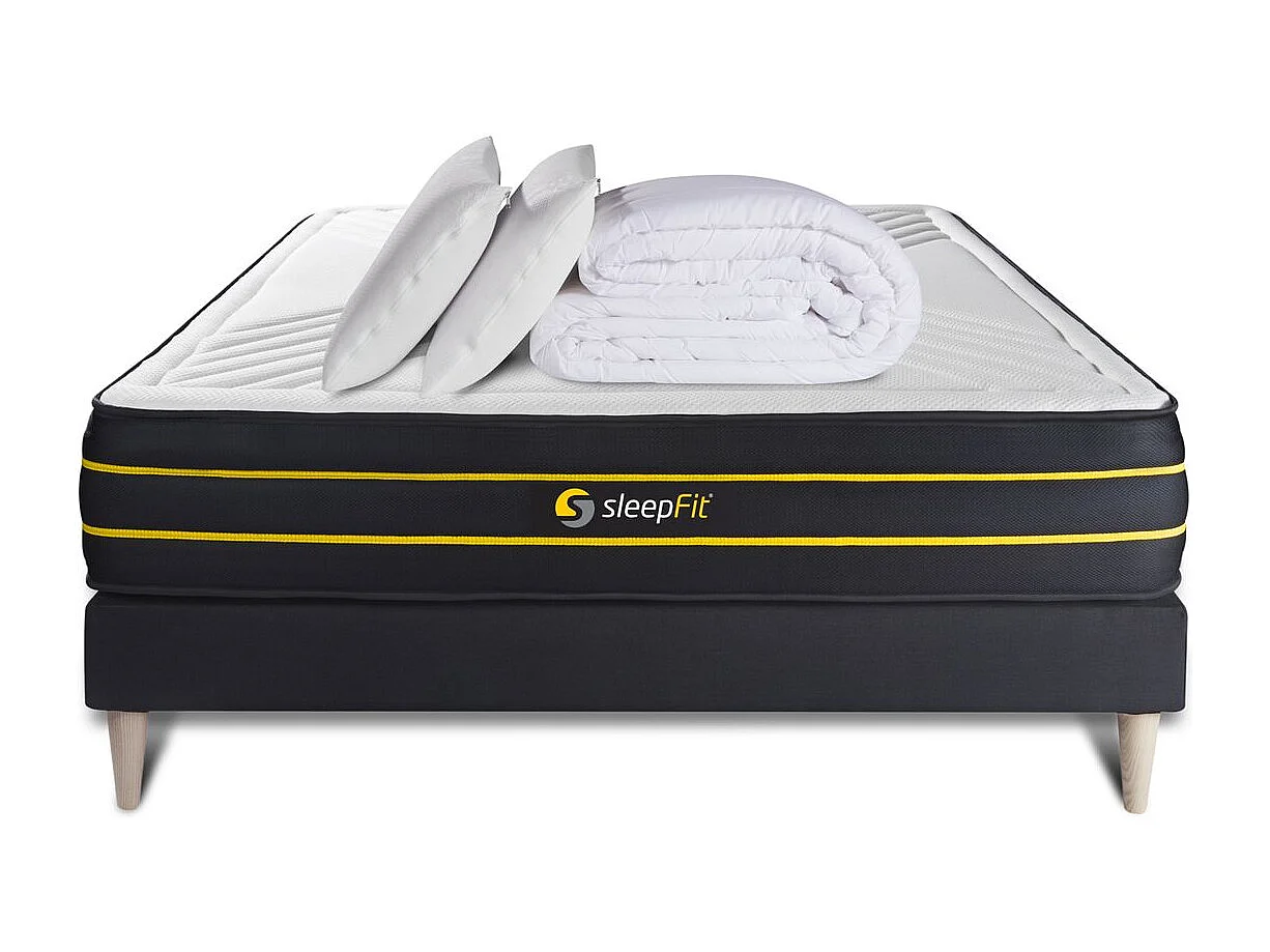 Pack prêt à dormir 140x200 matelas ULTRA + sommier kit noir + 2 oreillers mémoire de forme 60x40cm + Couette Percale 240x220 cm