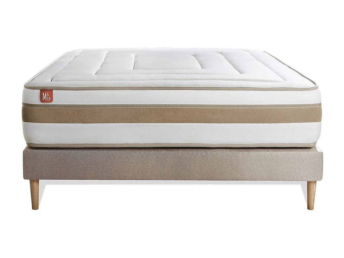 Ensemble LE RAFFINÉ 140x190cm Ressorts ensachés + Mémoire de forme BioVisco - Maxi épaisseur 26cm + sommier kit Beige