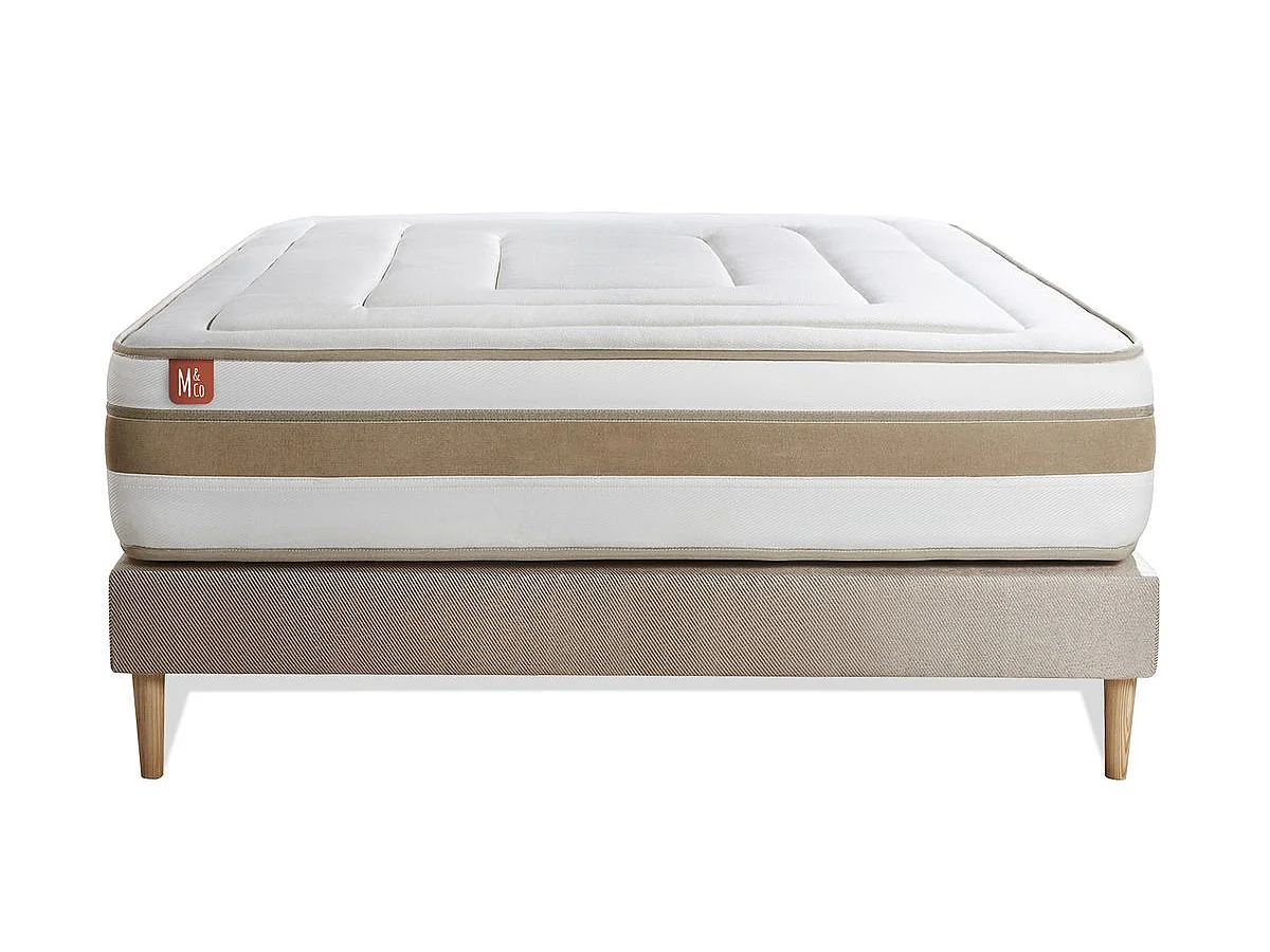 Ensemble LE RAFFINÉ 140x190cm Ressorts ensachés + Mémoire de forme BioVisco - Maxi épaisseur 26cm + sommier kit Beige