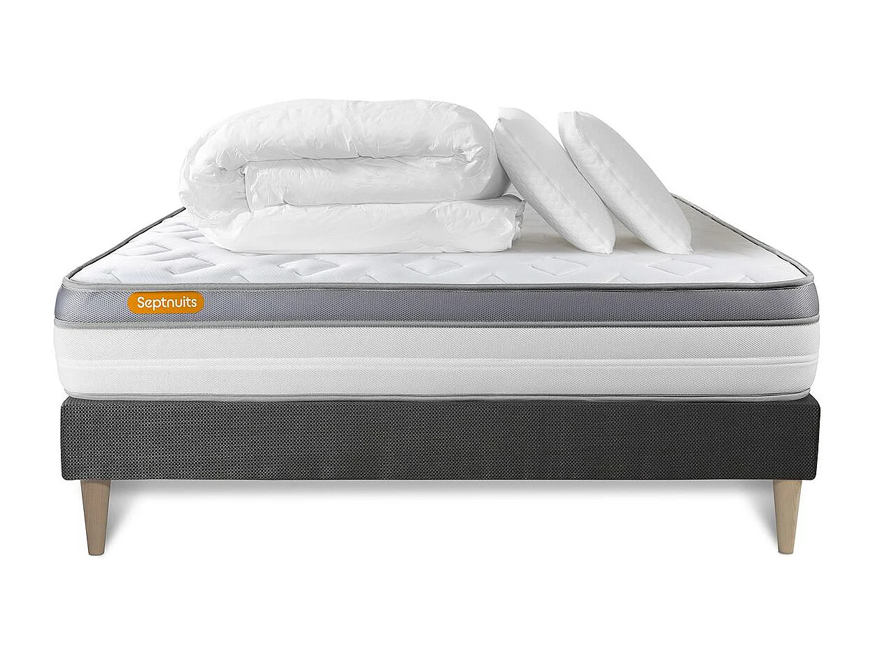 Pack matelas + sommier kit gris 140x200 Memo Zen Mousse à mémoire de forme MAXI épaisseur + Couette + 2 oreillers