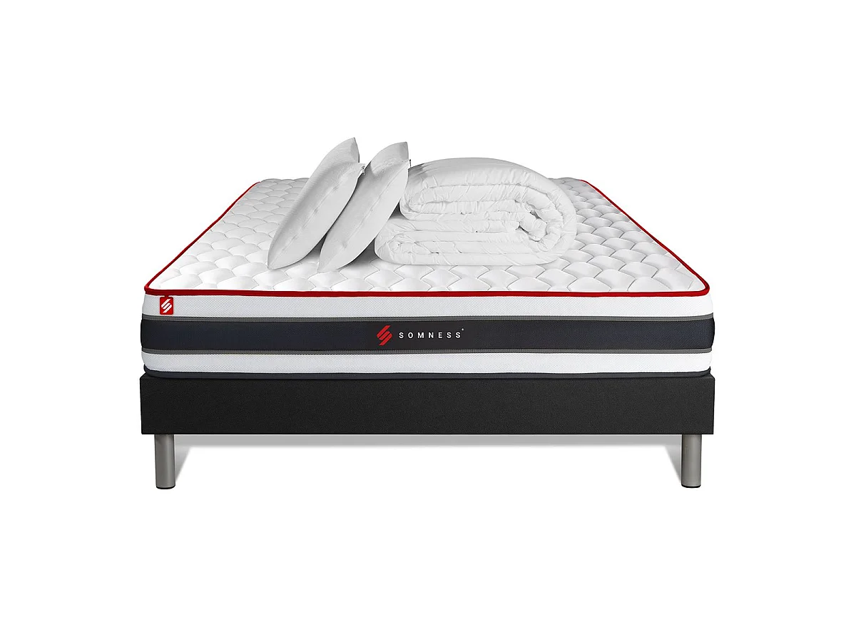 Pack prêt à dormir 140x200 matelas ENERGY ressorts ensachés et mémoire de forme + sommier kit noir + Couette + 2 oreillers