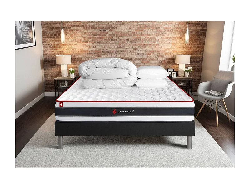 Pack prêt à dormir 140x200 matelas ENERGY ressorts ensachés et mémoire de forme + sommier kit noir + Couette + 2 oreillers