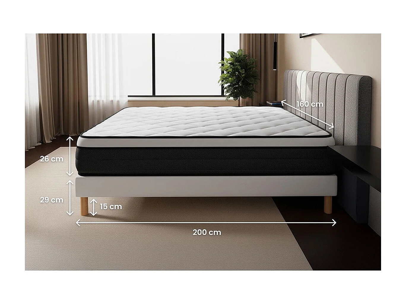 Ensemble Suite 160x200 Ressorts ensachés, mémoire de forme 5 zones double sommier noir