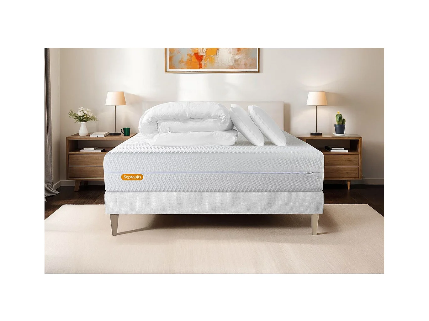 PACK Matelas + sommier 140x190 Memo Bio  Mousse à mémoire de forme 5 zones de confort Maxi épaisseur + Couette + 2 oreillers