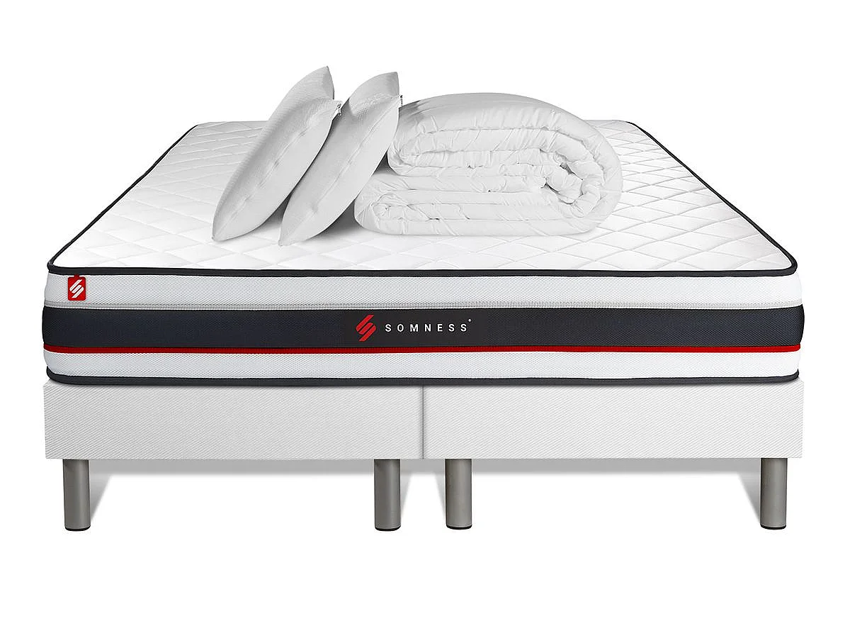 Pack double sommier 80x200 + matelas FORM 160x200 + 2 oreillers mémoire de forme + Couette Percale