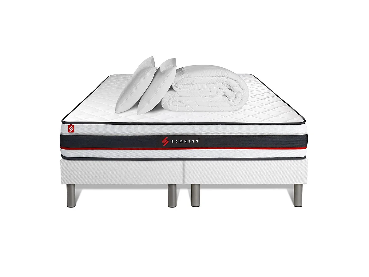 Pack double sommier 80x200 + matelas FORM 160x200 + 2 oreillers mémoire de forme + Couette Percale
