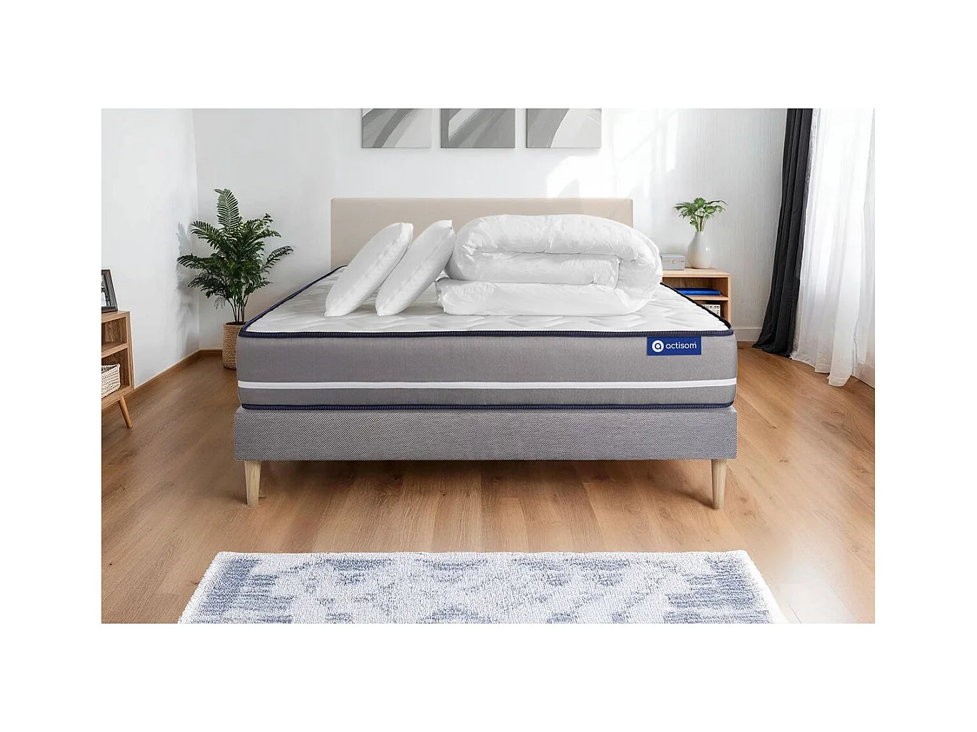 Pack prêt à dormir matelas à mémoire ACTIMEMO PUR 180x200cm 3zones de confort + sommier KIT gris + 2 oreillers + couette