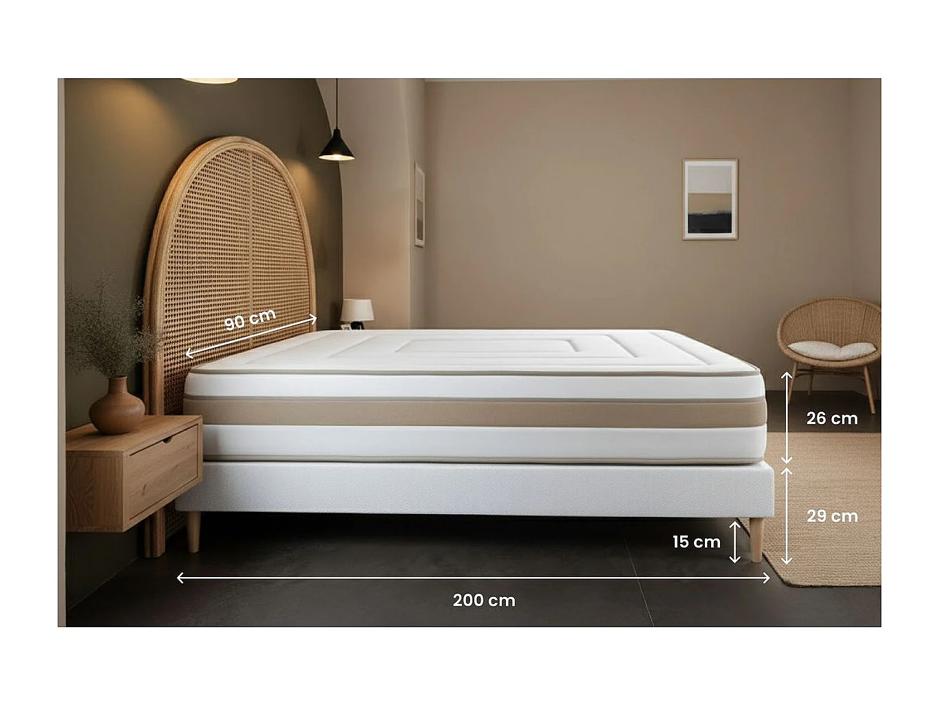 Ensemble LE RAFFINÉ 90x200cm Ressorts ensachés + Mémoire de forme BioVisco - Maxi épaisseur 26cm + sommier Blanc