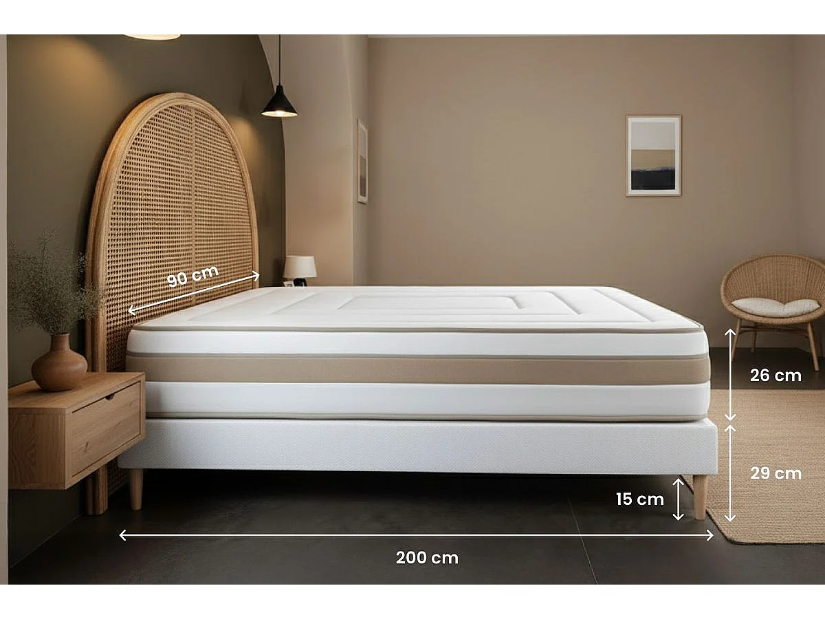 Ensemble LE RAFFINÉ 90x200cm Ressorts ensachés + Mémoire de forme BioVisco - Maxi épaisseur 26cm + sommier Blanc