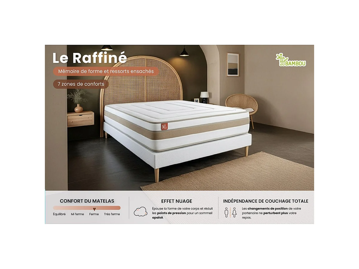 Ensemble LE RAFFINÉ 90x200cm Ressorts ensachés + Mémoire de forme BioVisco - Maxi épaisseur 26cm + sommier Blanc