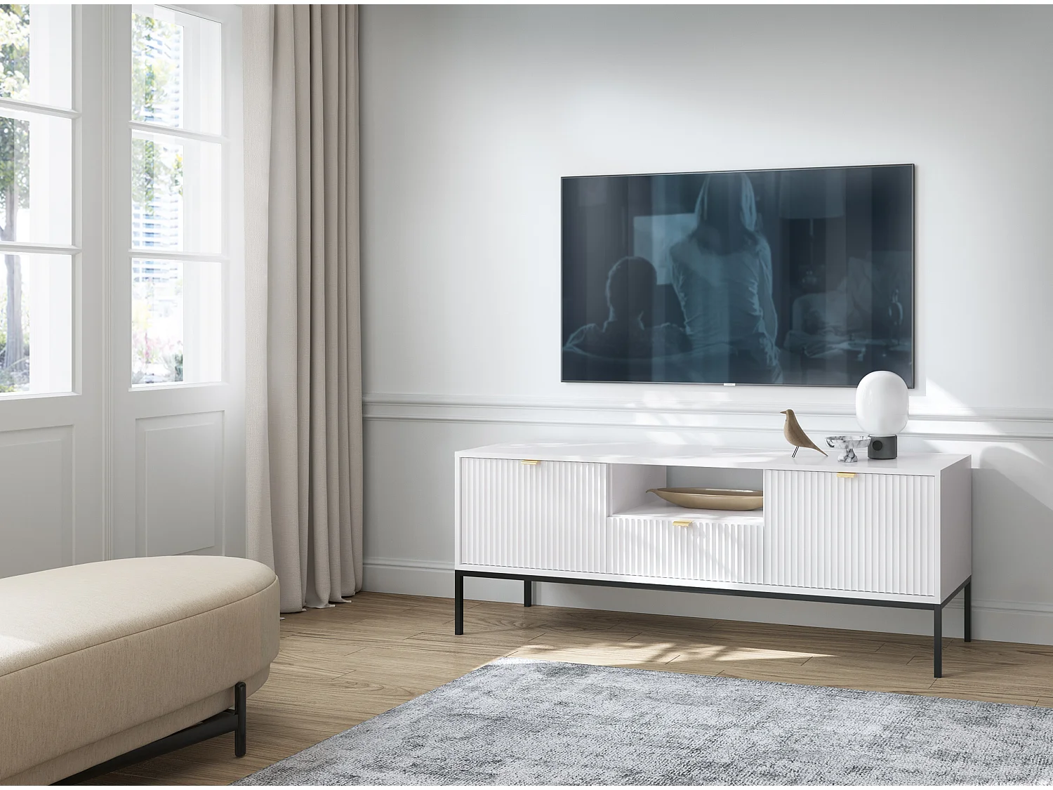 TV-Element Fernsehschrank - 154 cm - Weiß mit geriffelten Fronten und schwarzen Metallbeinen - VELLORE