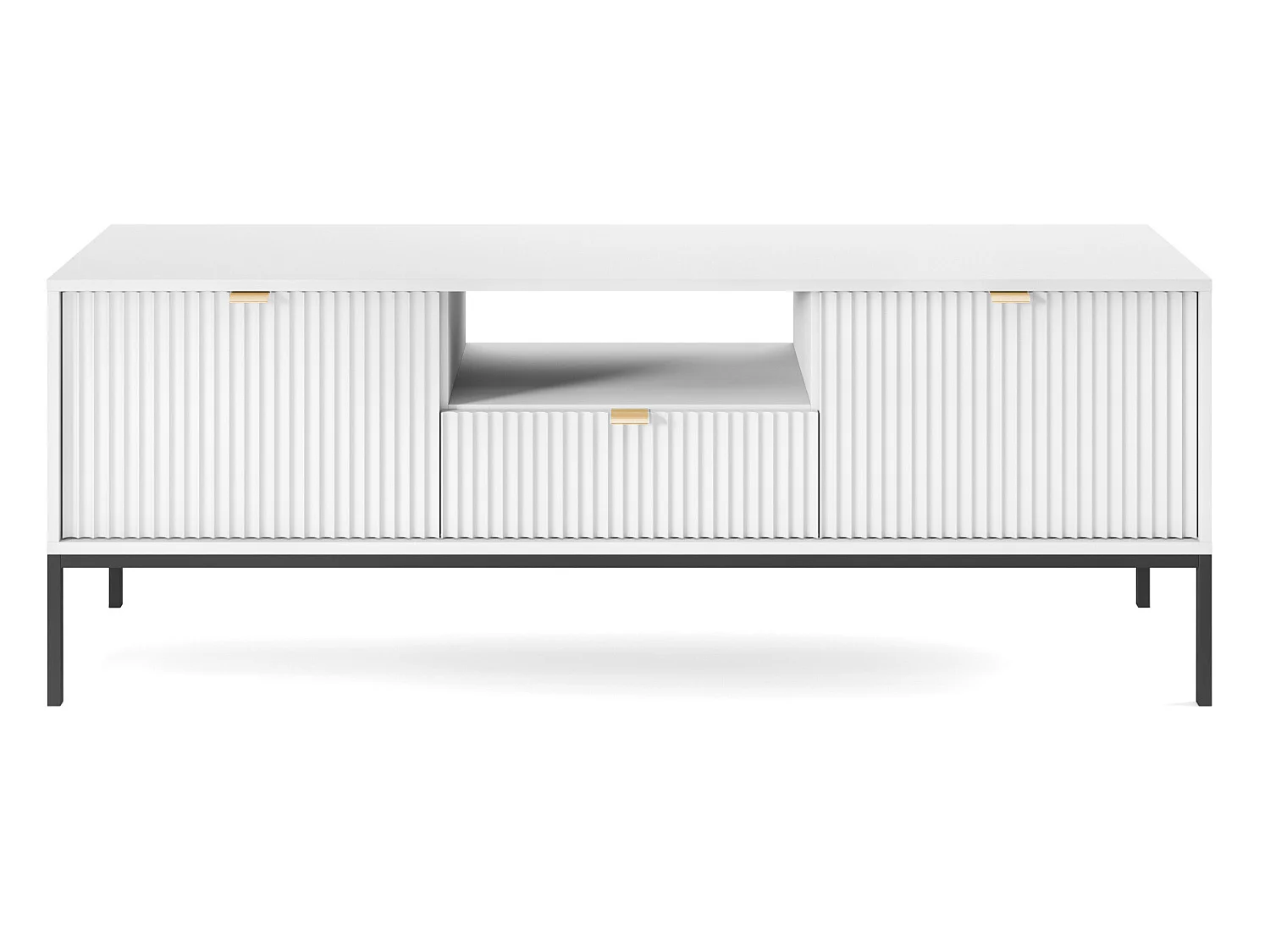 TV-Element Fernsehschrank - 154 cm - Weiß mit geriffelten Fronten und schwarzen Metallbeinen - VELLORE