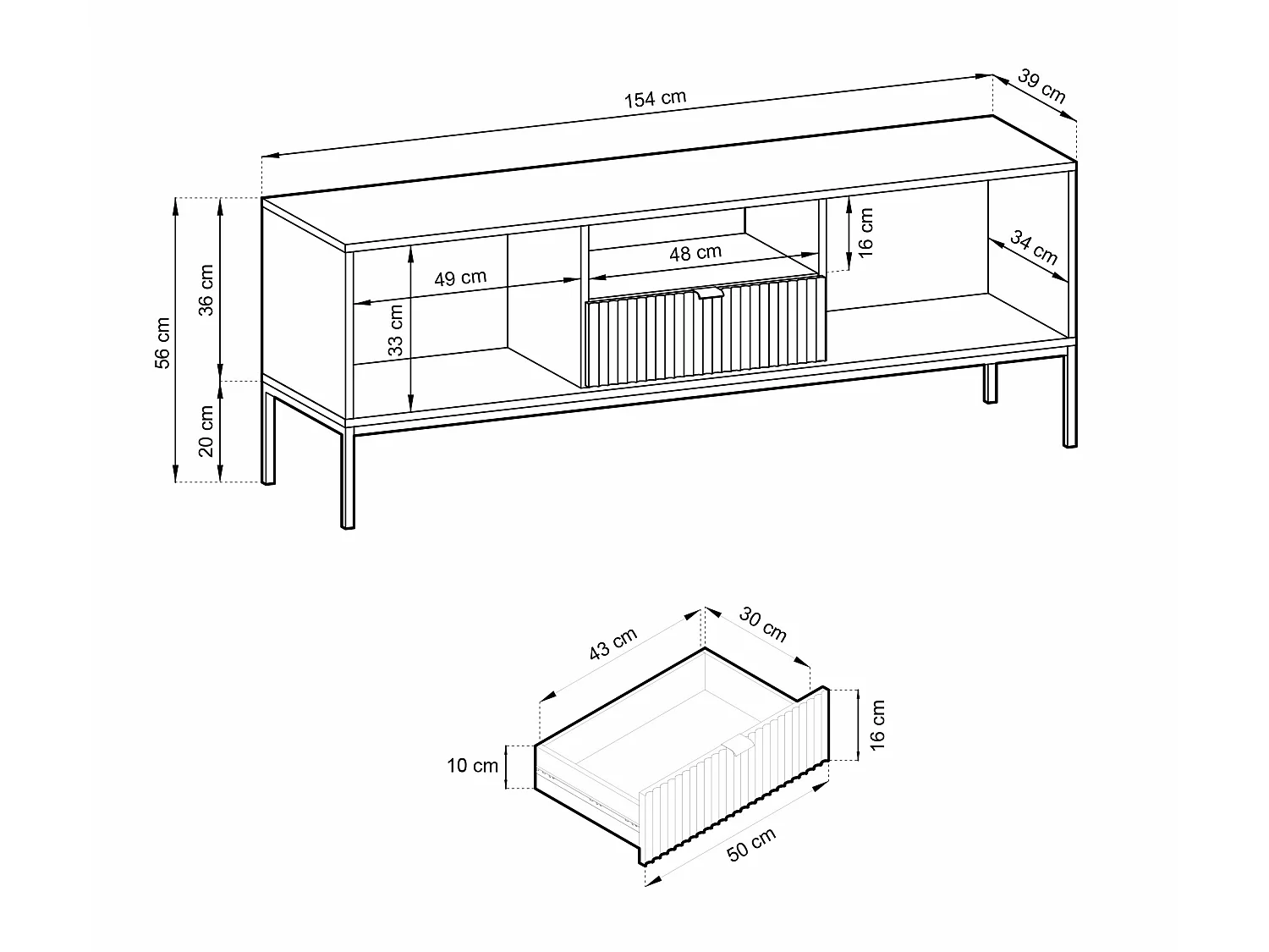 Meuble TV - 154 cm - blanc avec pieds noires - VELLORE