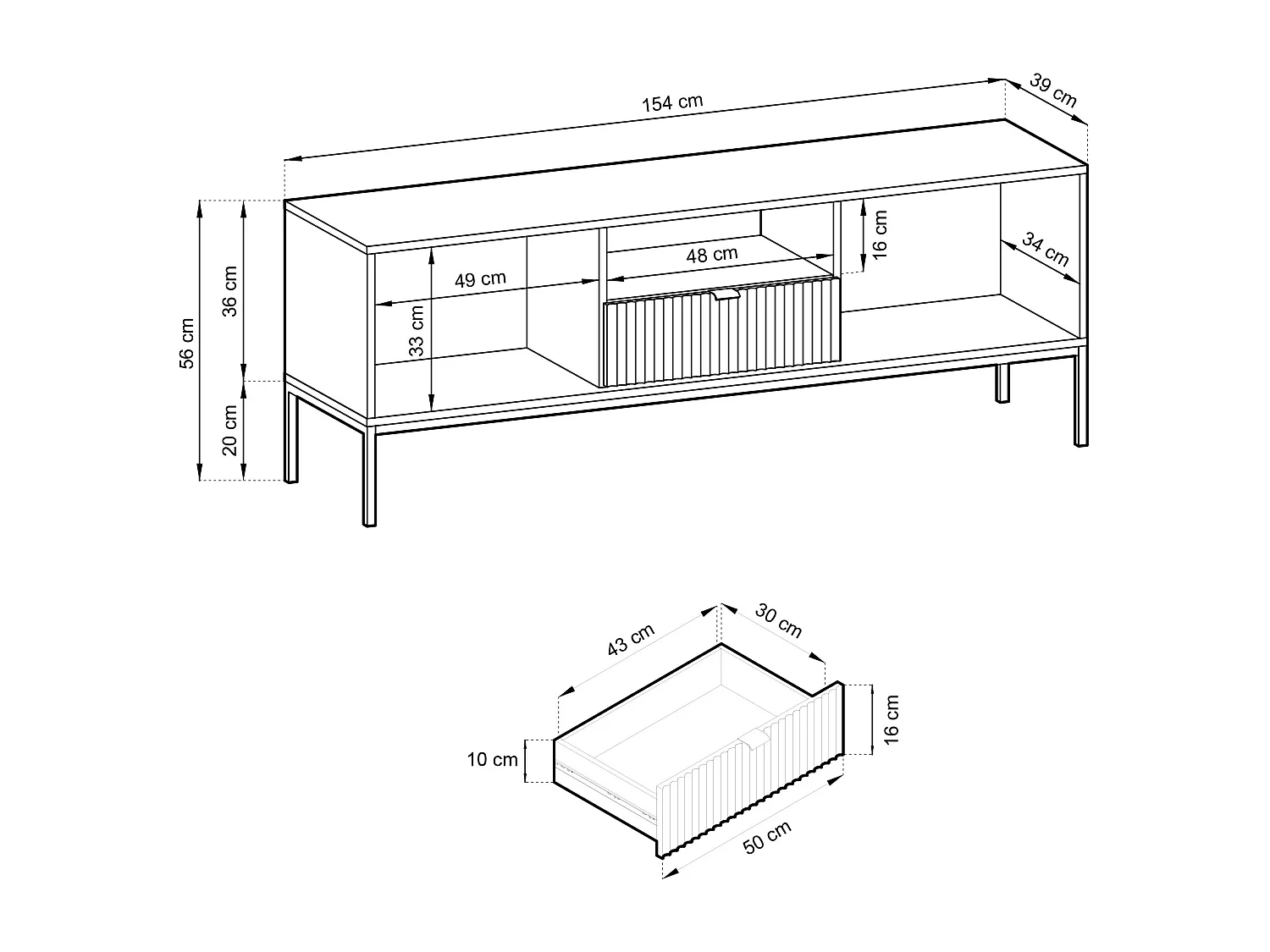 Meuble TV - 154 cm - blanc avec pieds noires - VELLORE