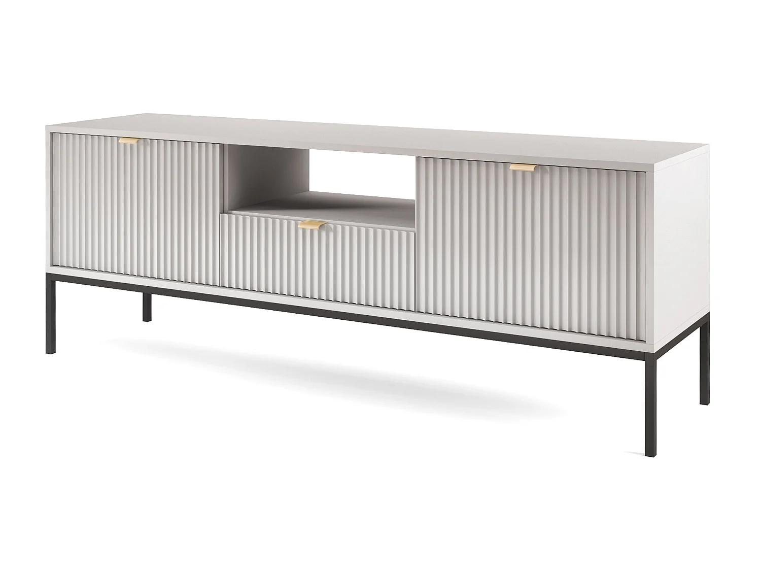 TV-Element Fernsehschrank - 154 cm - Grau mit geriffelten Fronten und schwarzen Metallbeinen - VELLORE