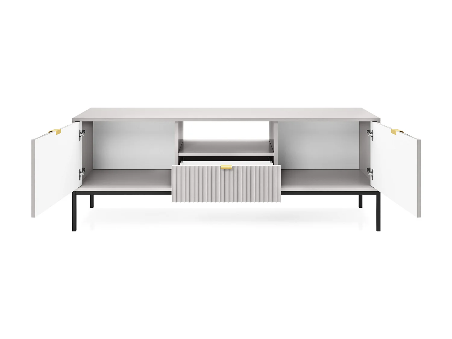 TV-Element Fernsehschrank - 154 cm - Grau mit geriffelten Fronten und schwarzen Metallbeinen - VELLORE