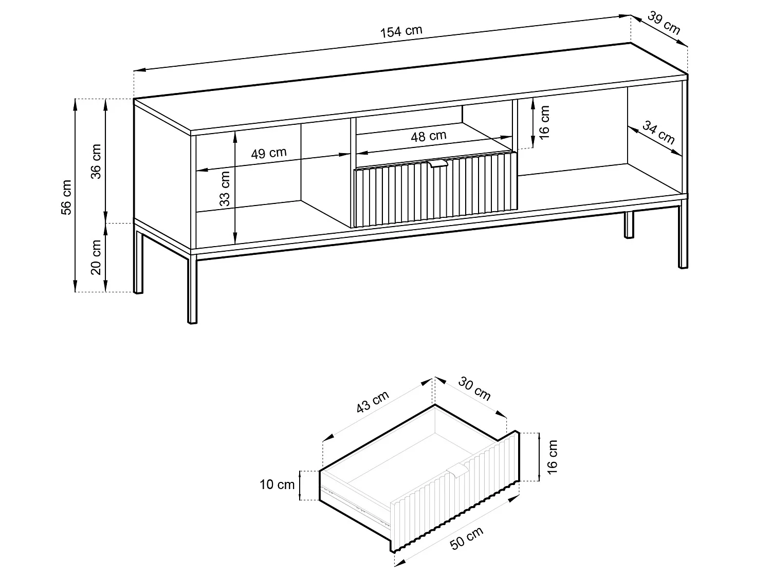TV-Element Fernsehschrank - 154 cm - Schwarz mit geriffelten Fronten und schwarzen Metallbeinen - VELLORE