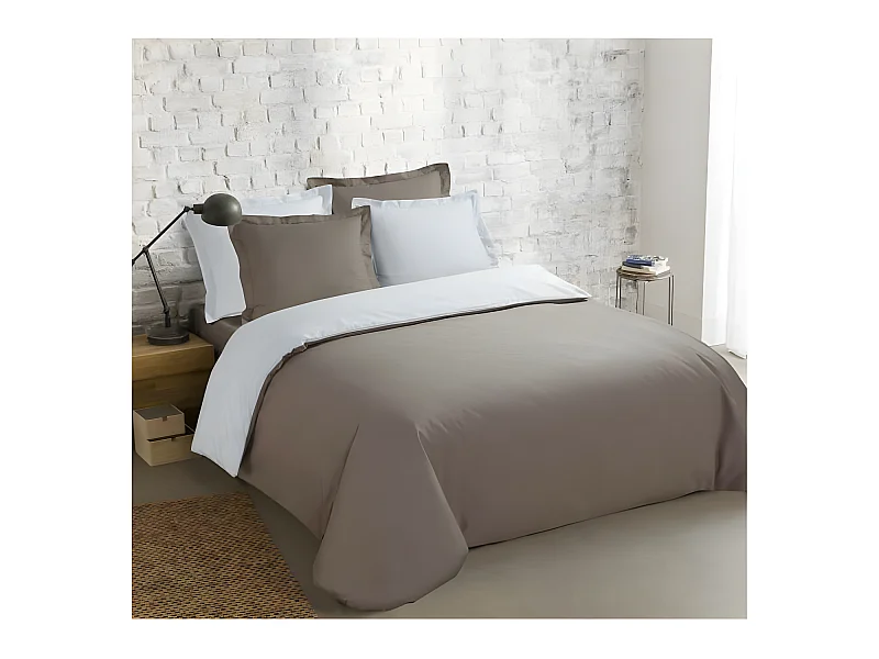 Parure de couette bicolore 100% coton - 1 housse de couette 240 x 260 cm + 2 taies 65 x 65 cm - Gris taupe et blanc
