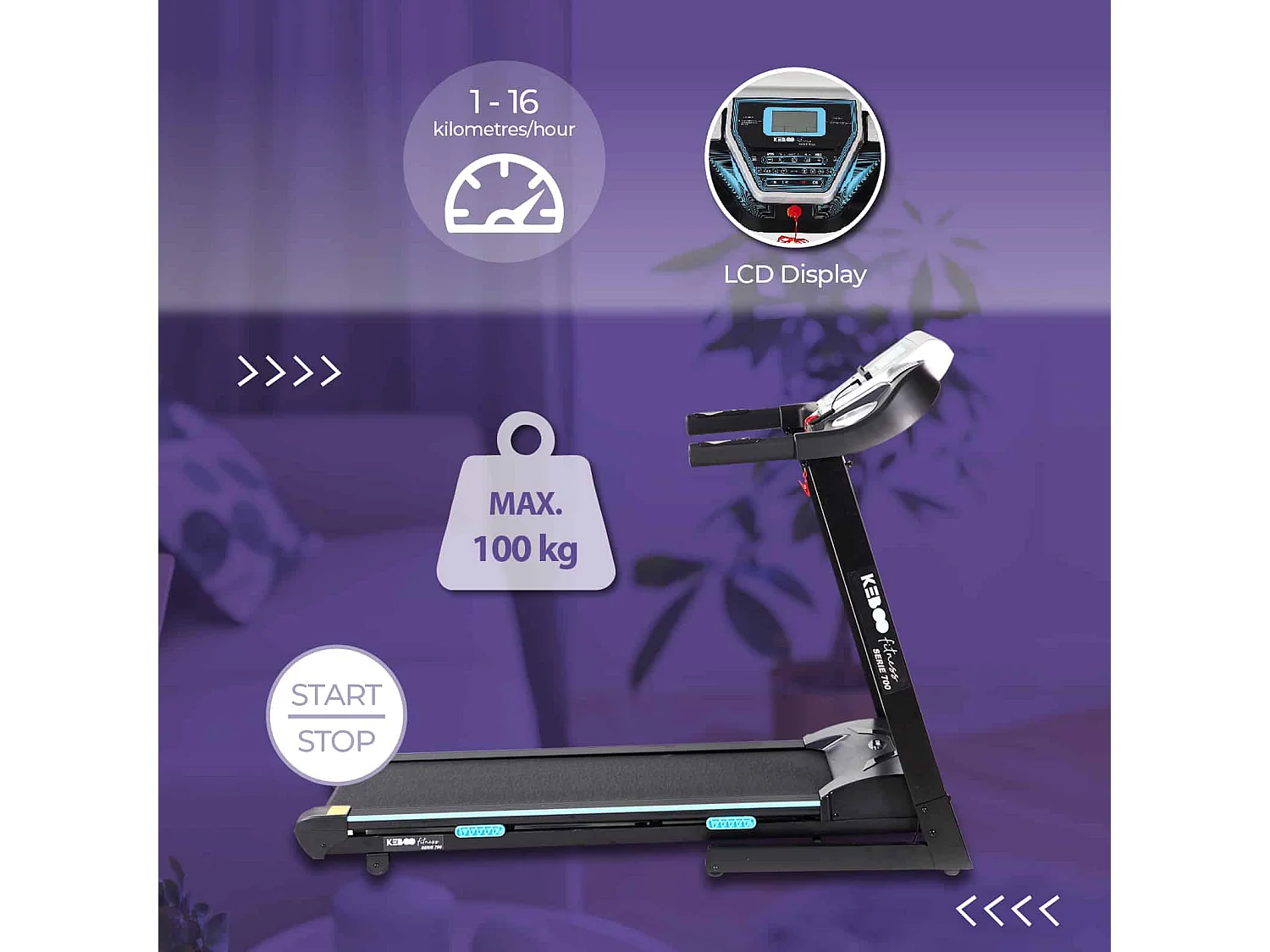 Tapis de Course Pliable Keboo série 700, Écran LCD 1-16 km/h 14 Programmes d'Entraînement et Haut-Parleur