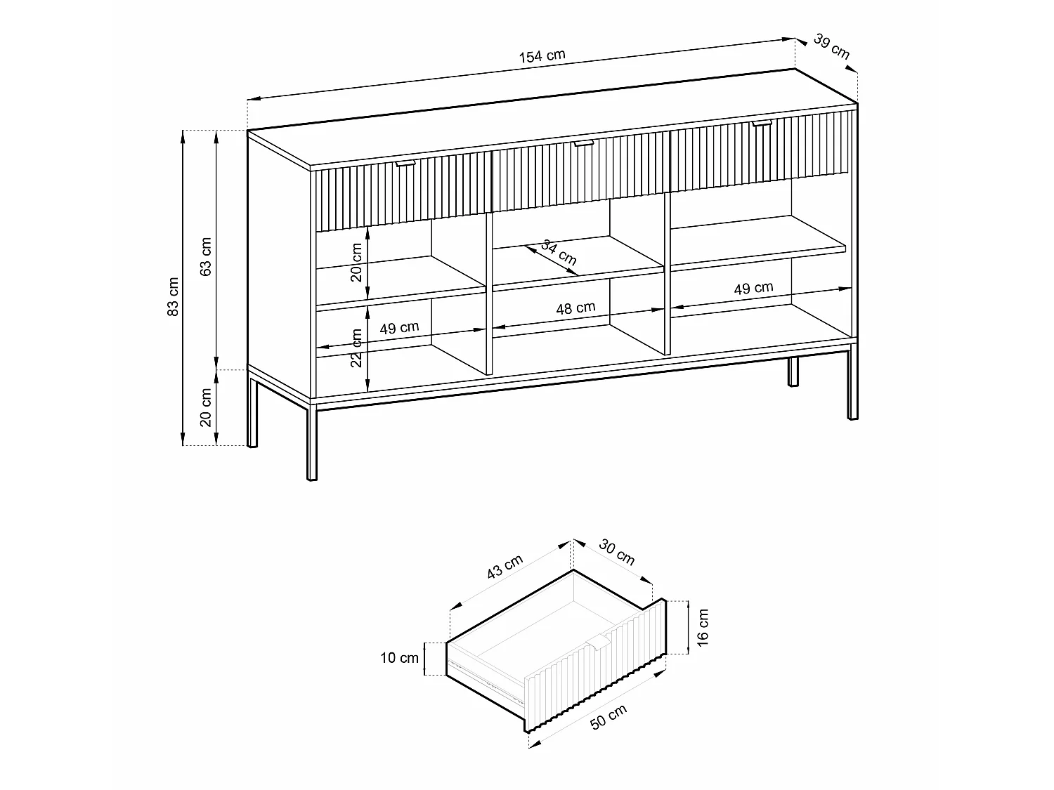 Commode à trois portes - 154 cm - blanc avec pieds noires - VELLORE